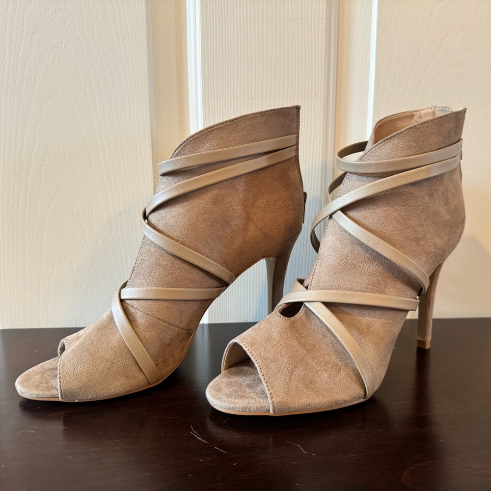 Tan Faux Suede Peep Toe Heels